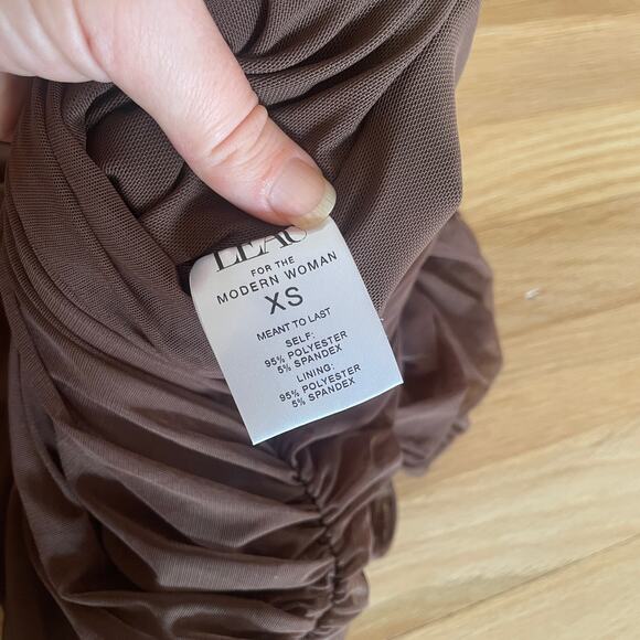 NWT LEAU Seoul Strap Cut-out Mesh Bodycon Dress Strappy Ruched Brown Sz XS Sexy - Picture 8 of 12